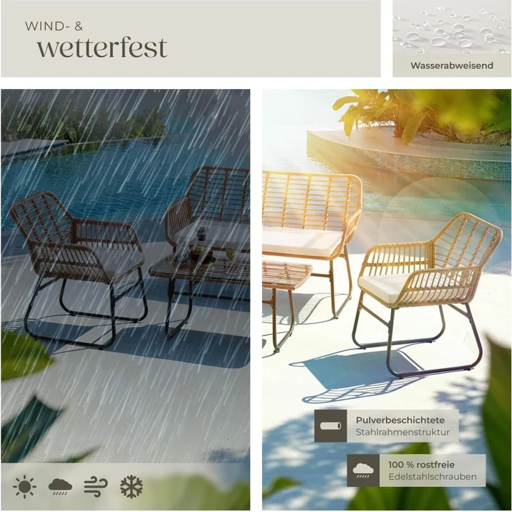 tectake® Outdoor Rattan Sitzgruppe, Möbel, Balkonmöbel, Gartenmöbel Set mit 1x Gartenbank, 2X Stühle + Tisch, Balkonmöbelset für Garten, Terrasse, Balkon - Natur – Bild 7
