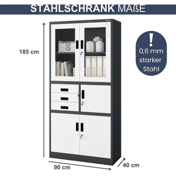 Vitrinenschrank abschließbar GEDO - mit Tresor & Schubladen| Büroschrank aus Stahl Aktenschrank mit Glasfenster Metallschrank Mehrzweckschrank, 185x90x40cm Anthrazit-Weiß – Bild 2