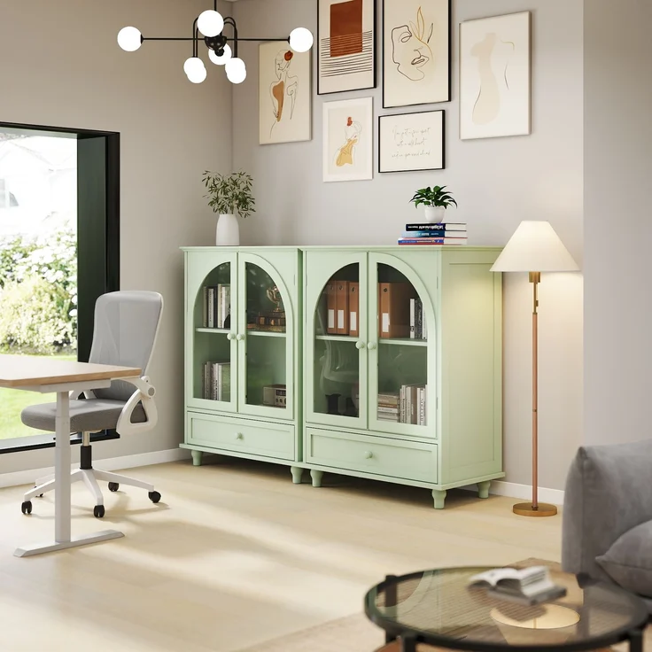 Sideboard B 38 x T 71 x H 93,5 cm aus MDF in Minzgrün mit gewölbten Glastüren und Schublade – Bild 3