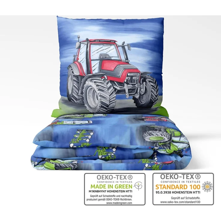 LINKHOFF Kinderbettwäsche Traktor Bettwäsche 135x200 für Jungen 2tlg. – Traktoren & Mähdrescher, Biber Bettwäsche-Set, Trecker Kinderbettwäsche, 100% Baumwolle – Bild 4