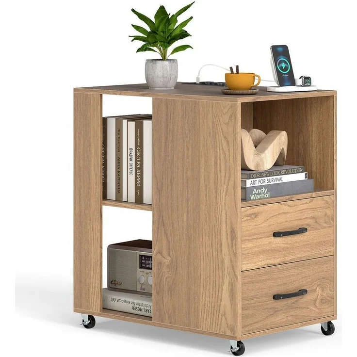 COSTWAY Beistelltisch, Nachttsich mit Ladestation & Rollen, 2 Schubladen – Bild 5