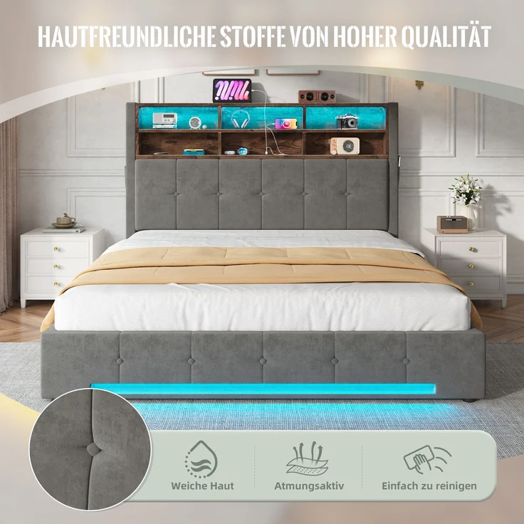 TavilaEcon Polsterbett mit Bettkasten und USB-C-Anschluss grau Liegefläche 160 × 200 cm – Bild 9