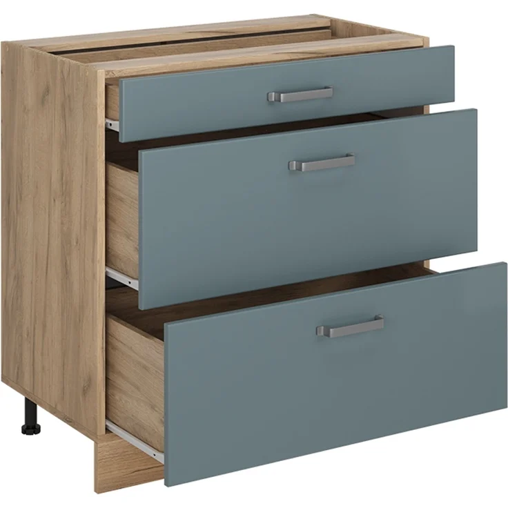 Küchenunterschrank R-Line Blau-Grau/Goldkraft Eiche 80 cm mit 3 Schubladen Arbeitsplatte Anthrazit Vicco – Bild 3