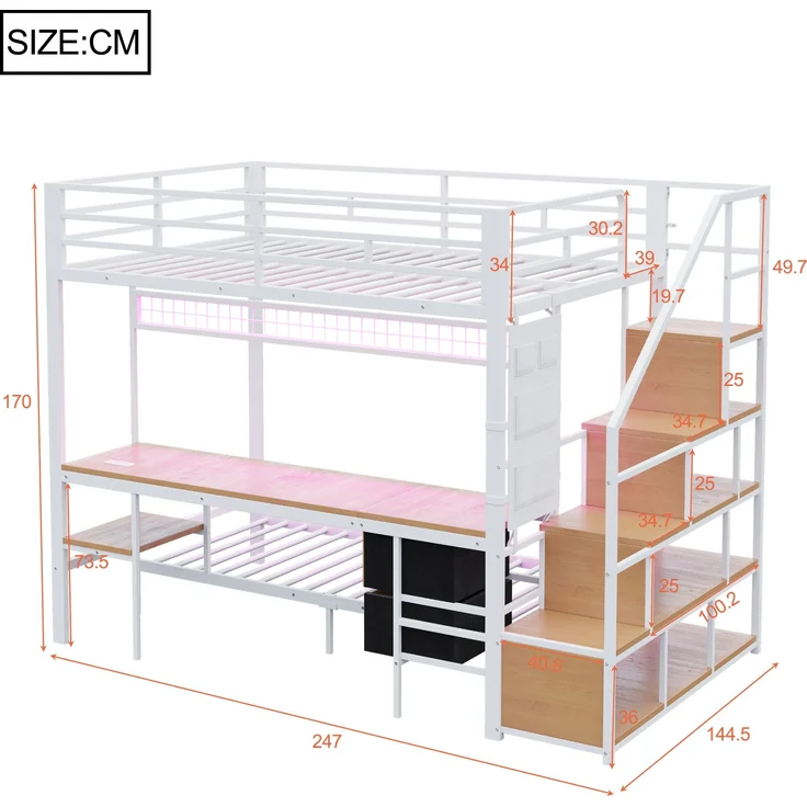 Hochbett Metall/MDF mit Schreibtisch, LED & USB-Anschluss, 247x144,5x170 cm, Weiß, ohne Matratze – Bild 10