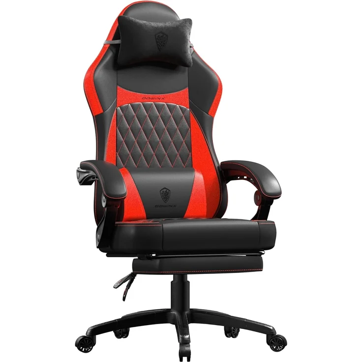 Dowinx Gaming Stuhl Racing Gamer Stuhl, Ergonomischer Gaming Sessel mit Lendenwirbelstütze, Gaming Chair PU Leder 150KG, Schwarz Rot