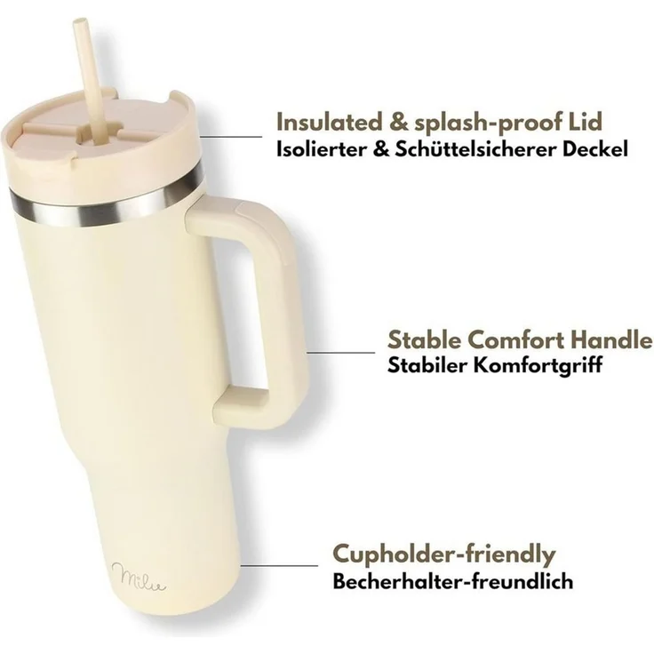 Milu Thermobecher Edelstahl Tumbler To Go 1200 ml, mit Strohhalm und Henkel – Bild 4