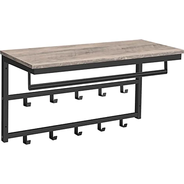 Hoobro Wandgarderobe mit Ablage, Wandregal mit 10 Haken und Stangen, 80 x 30 x 42 cm, Wandmontiertes Hängeregal für Flur, Wohnzimmer, Schlafzimmer – Bild 2