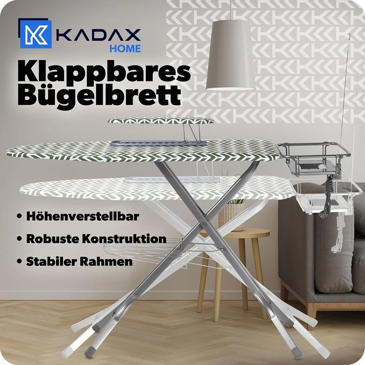 KADAX Großes Bügelbrett, 130 x 48 cm, mit Griff, Bügeleisen + Handtuch – Bild 2