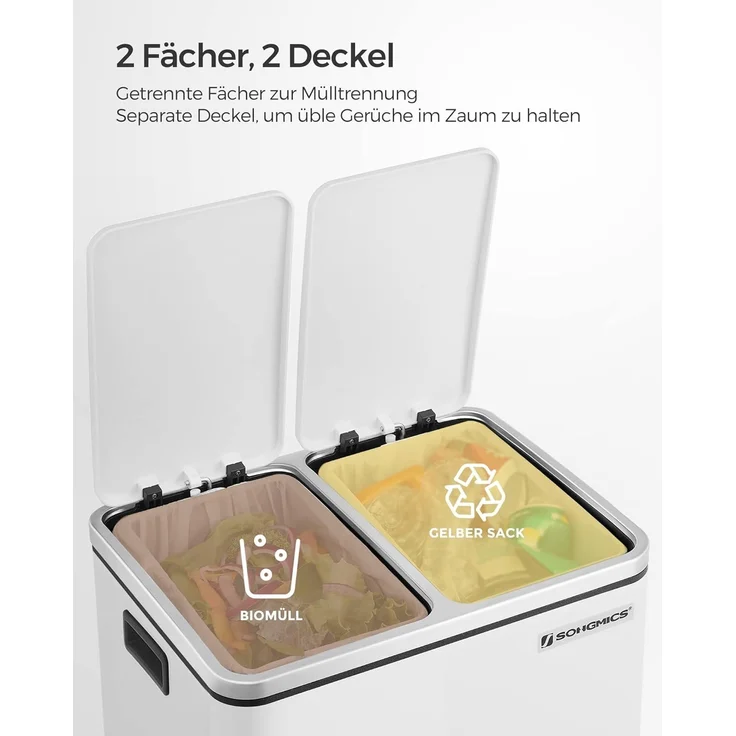 Songmics Mülleimer mit Softclose-Deckel, 2x15 Liter, Stahl wolkenweiß, 41 x 31,5 x 47 cm – Bild 3