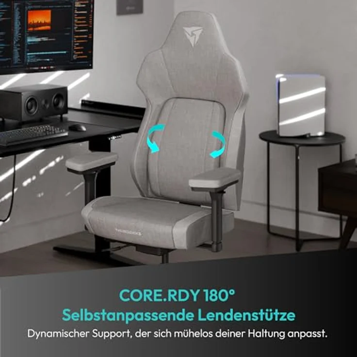 ThunderX3 CORE Smart Ergonomischer Gaming Stuhl, Rückenlehne mit hochwertigem Stoff, integrierte Synchronmechanik, gepolsterte 3D-Armlehnen, atmungsaktive Materialien, bis 125 kg belastbar, Loft Hellgrau – Bild 2