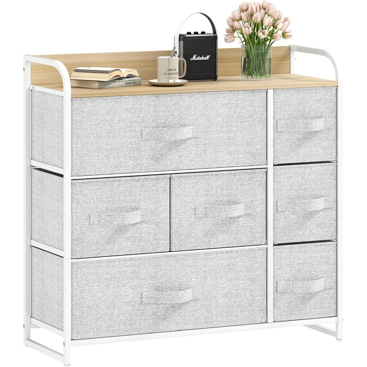 DWVO Kommode mit 7 Schubladen, langlebiger Stoff, Robustes Metallgestell, modern und funktional, ideal für Schlafzimmer, Wohnzimmer, Flur, Kinderzimmer, Hellgrau