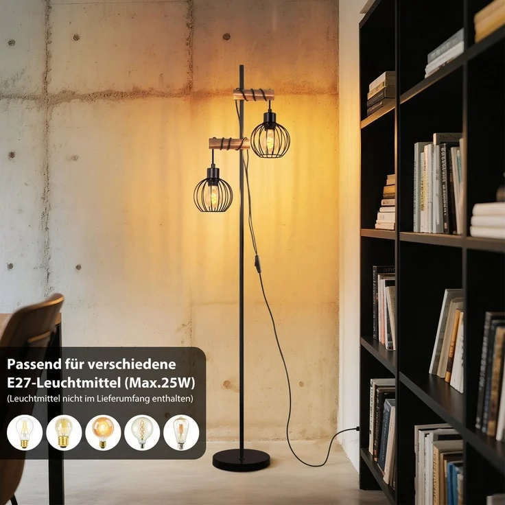 Nettlife Stehlampe Stehleuchte 2 Flammig schwarz Vintage aus Holz 151cm, mit Kippschalter, LED wechselbar, für Wohnzimmer schlafzimmer Esszimmer Büro – Bild 2