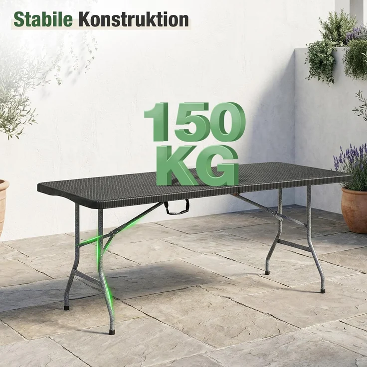 Sekey Buffettisch Tisch Klappbar Kunststoff 180 cm Campingtisch mit Tragegriff Partytisch Klapptisch Gartentisch für Garten Terrasse und Balkon, Schwarz Rattanoptik – Bild 4