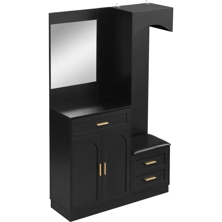 DESVIAE Garderobenschrank mit Spiegel und Schuhbank 110x185,5x33 cm MDF Schwarz – Bild 8
