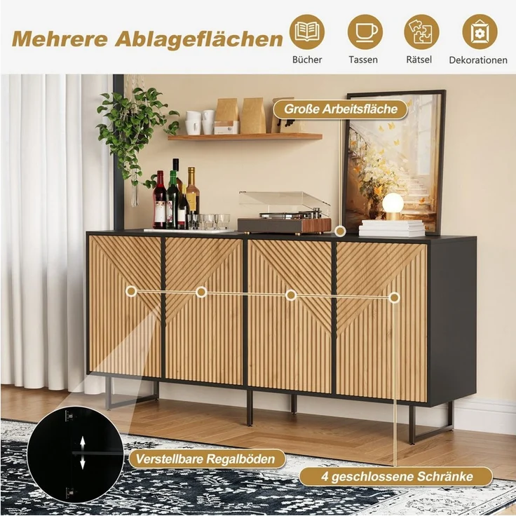 STILVORA Sideboard mit 4 Türen Vakuumgeformter Wohnzimmerschrank mit 3 Stützbeinen (Aufbewahrungsmöbel mit unterteiltem Stauraum, mit dreidimensionalen Texturen), symmetrischen Ansatz – Bild 3