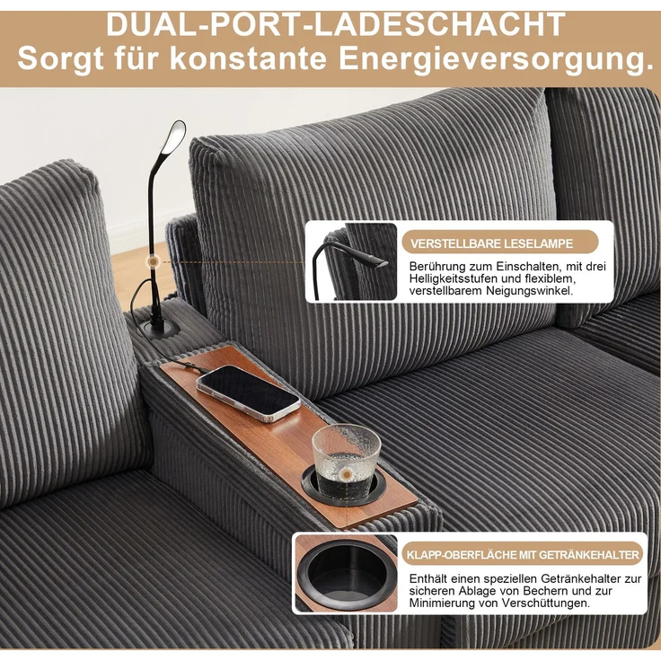 U-förmiges Sofa 334x128,5x81 cm in Grau, Cord, mit USB/Type-C, Leselampe, Stauraum und LED-Armlehnen – Bild 9