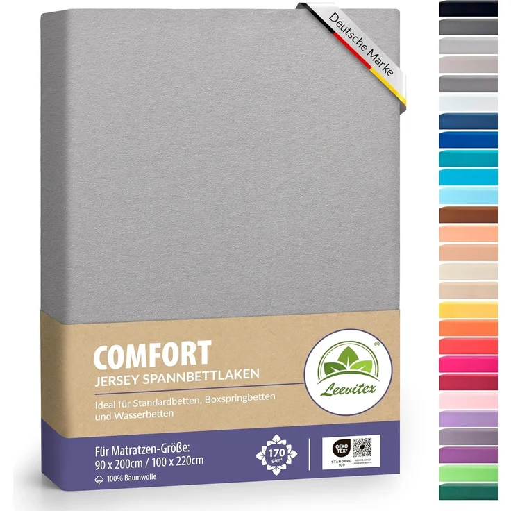 leevitex® Spannbettlaken, Premium 170g/m², Gummizug: rundum, schwer und dick, 100% Jersey-Baumwolle, Grau, 90 x 200 - 100 x 220 cm