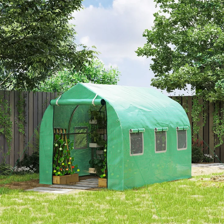 Wohnora-6 m² großes Tunnelgewächshaus mit 6 Fenstern, Reißverschlusstür, PE-Plane, verzinktem Eisenrahmen, grün,H 1960cm x T 1420cm x B 1950cm