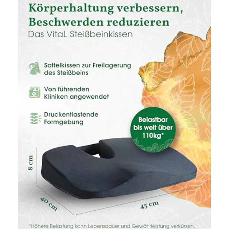 VitaL Kissen® Orthopädisches Steißbeinkissen schwarz 8 cm – Ergonomisches Keilkissen für Stuhl & Auto, schmerzlindern, rutschfest, ideal für Büro & Reisen – Bild 2