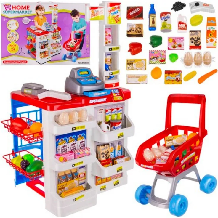 ISO TRADE Spiellebensmittel Spielzeugsupermarkt, Einkaufsset mit Kasse, Wagen und Zubehör, inkl. Licht- und Soundeffekte