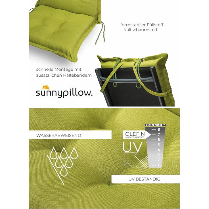 sunnypillow 2er Set Gartenstühle und Gartenstuhlauflagen Hochlehner | 120 x 50 x 9 cm Hochlehner Auflage wasserdicht UV-lichtecht | Klappsessel Klappstuhl für Garten Polsterauflagen Stuhlauflage | Grün – Bild 4