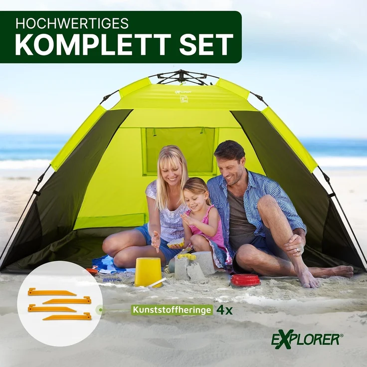 EXPLORER XXL Automatik Strandmuschel mit UV Schutz 80+ [220 x 150 x 130 cm] kleines Packmaß leicht und schnell in Sekunden aufgebautes Strandzelt Sonnenschutz Muschel automatisch Windschutz grün – Bild 4