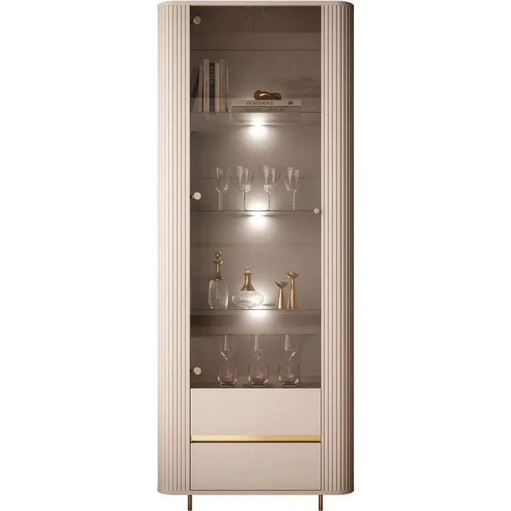 Lookway Glasvitrine MIRAGE GOLD mit LED-Beleuchtung und geriffelten Seiten