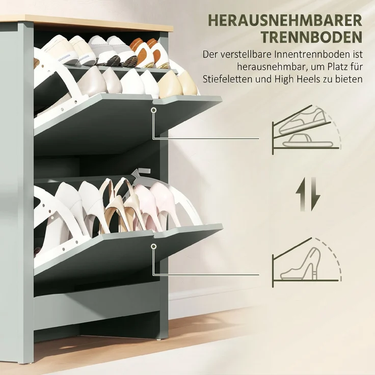 Schuhschrank mit 2 Klappfächern, verstellbare Trennwand für 8-12 Paar Schuhe, 72 x 26 x 80 cm, Hellgrau--Hellgrau--80x26x72cm--YOUDENOVA – Bild 8