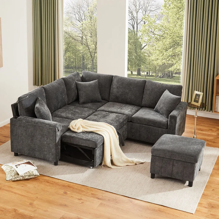 Merax Chenille-Ecksofa, 205cm L-förmiges Sofa mit Schlaffunktion, Ausziehsofa mit Hocker, Leselampe, USB&Type-C, Ausgestattet mit verstecktem Tisch, Ausklappbarer Couchtisch mit zwei Getränkehaltern, Grau – Bild 2