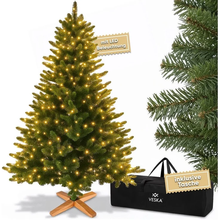 VESKA Künstlicher Weihnachtsbaum Naturgetreu mit Holzständer, Tannenbaum 140cm / 180 cm, Nordmanntanne, dichte Zweige, mit Aufbewahrungstasche, LED Beleuchtung – Bild 5
