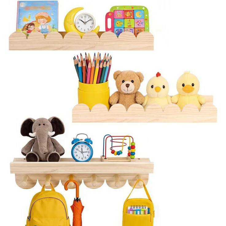 LEMLIT Deko-Wandregal 3er-Set Kinderregal aus Massivholz, Bücherregal mit 6 Haken, 3er Set 3-tlg, Schwebregal 3 Fächer + 6 Haken, Wandmontage, Naturholz