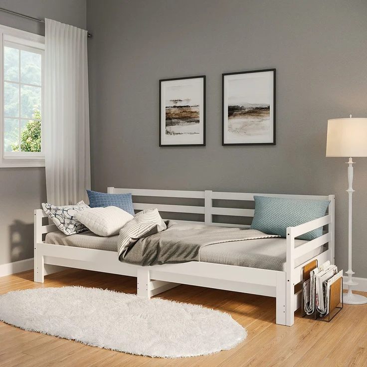 Bellamio 'Ayr' Tagesbett inkl. Lattenrost, 90x200/180x200 cm, Massivholz Kiefer, weiß, mit ausziehbarem Gästebett – Bild 6