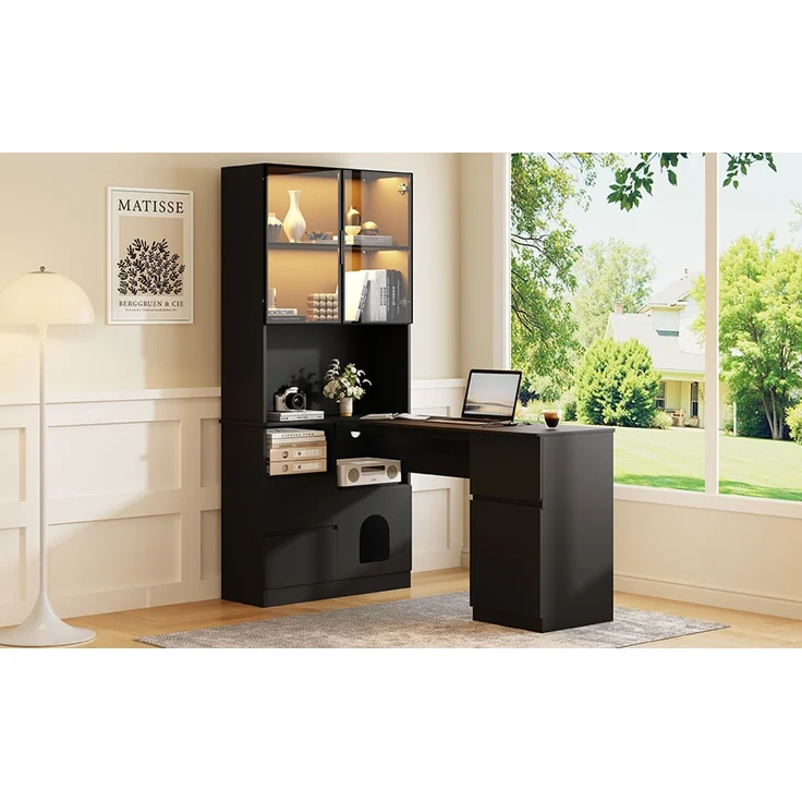 ZUBALIYA Eckschreibtisch mit Regal und LED-Vitrinenschrank 120×80×180 cm – Schreibtisch mit Kabeldurchlass, 3 Schubladen, 2 Türen, offenen Fächern,Ein Eckschreibtisch mit eingebautem Bücherregal,Schwarz – Bild 14