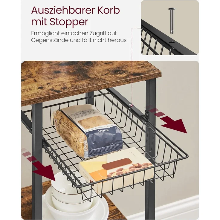 Vasagle Küchenregal, Standregal mit Metallkorb, Bäckerregal mit 6 S-Haken und Regalablagen, Mikrowellenregal, Gewürzregal, für Töpfe und Pfannen, Industrie-Design, Vintagebraun-schwarz von Songmics KKS35X – Bild 6