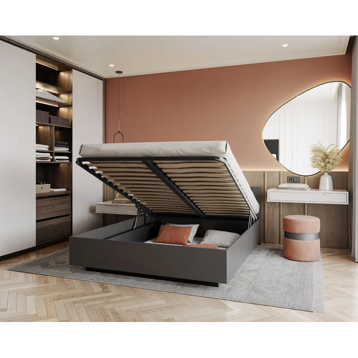thematys Stauraumbett mit Bettkasten & Lattenrost – schwebendes Design 160x200cm, mit 28 cm 7-Zonen-Wende-Taschenfederkern H3/H4, mit hydraulischer Klappfunktion, Grau – Bild 5
