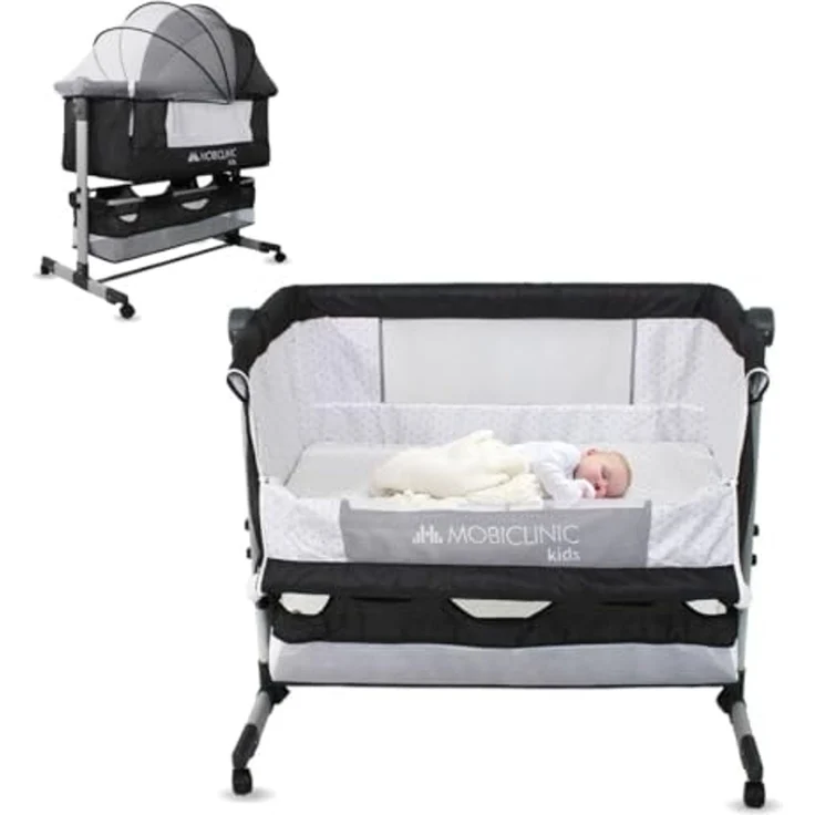 Mobiclinic®, 3-in-1-Babybett, Night, Beistellbett, Höhenverstellbar, Matratze, Moskitonetz, 360°-Rollen, Gurte, Aufbewahrungskorb, Bis 20 kg, Schwarz – Bild 1