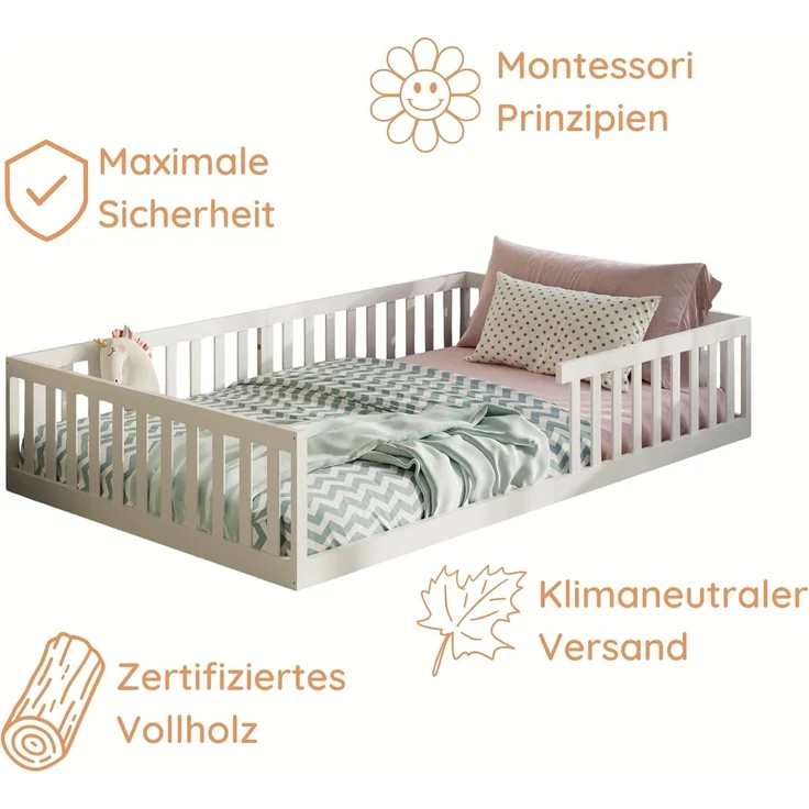 Kids Collective Kinderbett Bodenbett Bett mit Rausfallschutz & Lattenrost Montessori Bett Kinder (weitere Größen, 90x200, 120x200 cm), Jugendbett Einzelbett mit Matratze, weiß Kiefer 140x200 cm – Bild 5