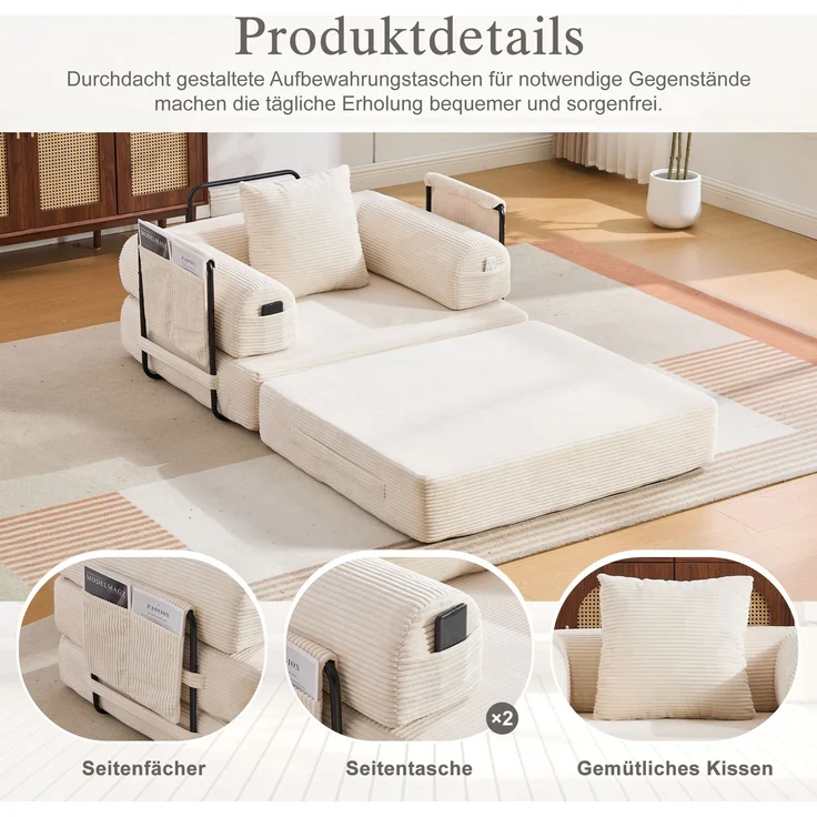 LVHOM 3-in-1 Schlafsessel, Klappsofa mit Schlaffunktion, Einzelschlafsofa mit Seitentaschen und Kissen, Polstersofa aus Cordstoff, frei Kombination, Beige – Bild 4