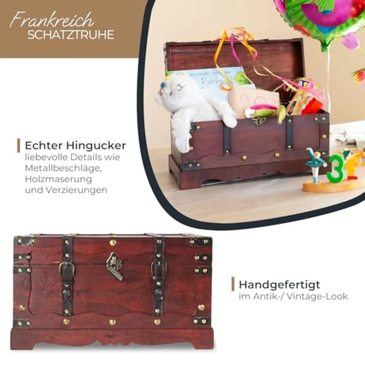 HMF Schatzkiste Schatztruhe Frankreich aus Holz mit dekorativem Metallschloss, handgefertigte Holztruhe 50 x 25 x 28 cm – Bild 3