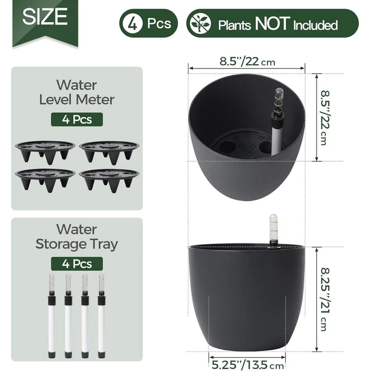 T4U 22cm Selbstwässernder Blumentopf Schwarz 4er-Set für Innen und Außen – Bild 3