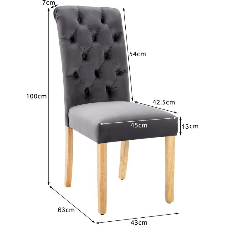 Esszimmerstuhl 6er-Set, Samt mit Eichenbeinen & Knopfheftung, 100 x 63 x 43, Grau – Bild 3