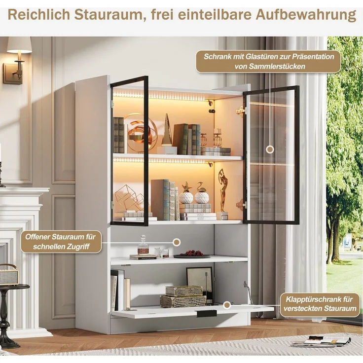 MODFU Vitrine Display-Schrank mit LED, 16 Farben, App (1-St, ideal für Wohnbereich, 80x120x35 cm) Glastüren, Klapptür, matt weiß – Bild 3