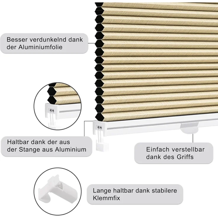 WOLTU Wabenplissee ohne Bohren Verdunklung Thermo Doppelplissee Klemmfix Zweifarbig 70x120 cm Beige-Weiß, Plissee Faltrollo Sonnen-, Sicht- & Schallschutz, Jalousie Plisseerollo für Fenster & Tür – Bild 4
