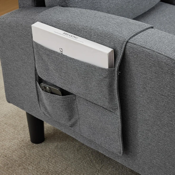 Merax 204cm Ecksofa, L-Form Sofa, 3-Sitzer mit Chaiselongue, kleines Ecksofa aus, An der Seite befindet sich eine Aufbewahrungstasche, 10 Sofabeine, Grau – Bild 7