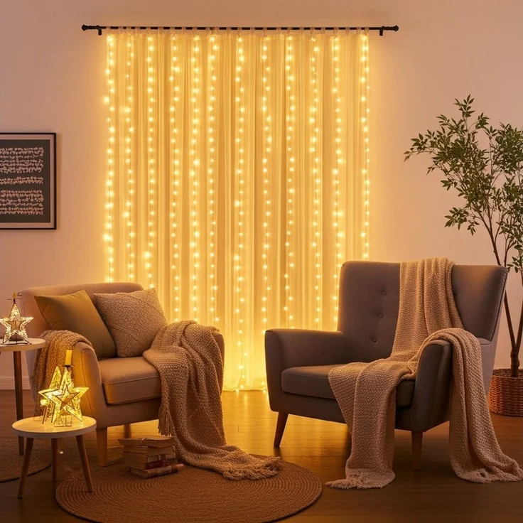shop'n smile ideoon LED-Lichtervorhang LED Lichtervorhang 3W warmweiß 200 LEDs dimmbar 3x3 m, 8 Lichtmodi & Timer, Per Fernbedienung dimmbar, Kürzbar – Bild 3