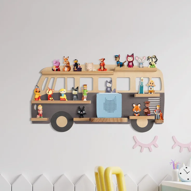 Todeco Tonie-Regal für Toniebox Hörfiguren, Magnetische Aufbewahrung für 20-25 Tonie, Perfekte Tonie Aufbewahrung im Kinderzimmer für Mädchen & Jungen, Bus grau