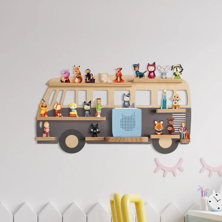 Todeco Tonie-Regal für Toniebox Hörfiguren, Magnetische Aufbewahrung für 20-25 Tonie, Perfekte Tonie Aufbewahrung im Kinderzimmer für Mädchen & Jungen, Bus grau – Bild 1
