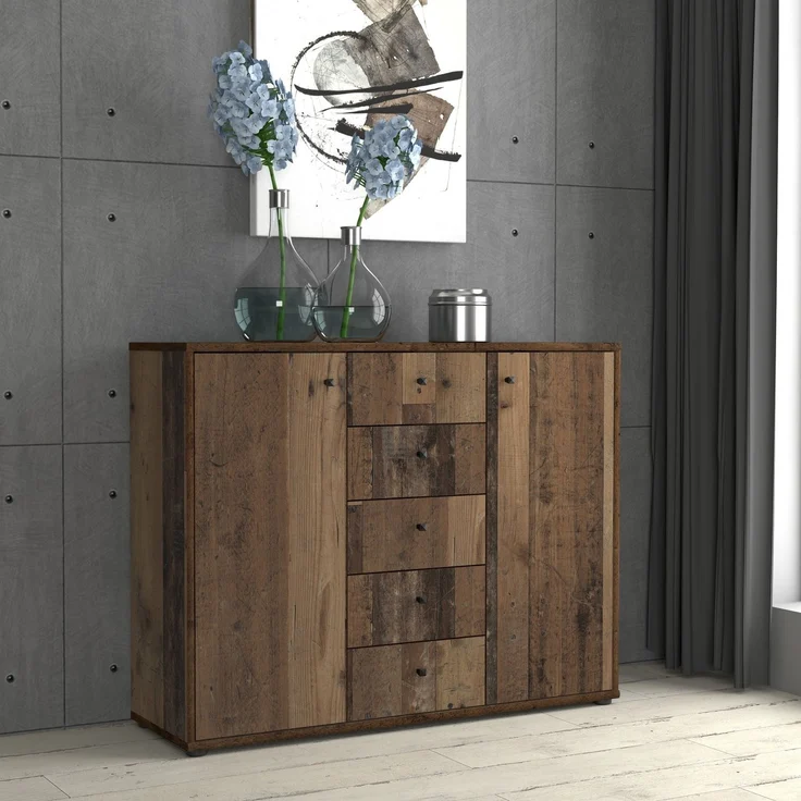 Sideboard >TEMPRA2< 2 Türen, 5 Schübe, Old-Wood Vintage Dekor - 108,8x85,5x34,8cm (BxHxT) – Bild 2