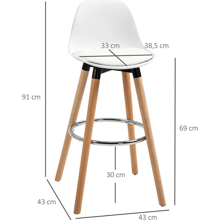 2er-Set Barhocker Barstühle Skandi-Design, Fußtstütze, 43 cm x 43 cm x 91 cm, Natur + Weiß--Weiß--91x43x43cm--YOUDENOVA – Bild 5