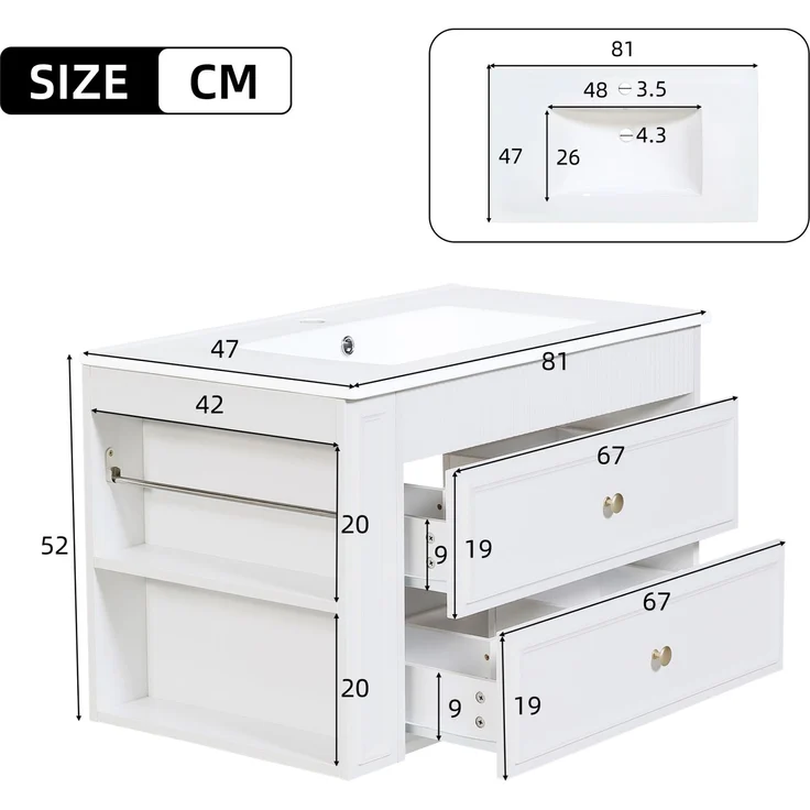Flieks wandhängender Waschtischunterschrank, Badezimmerschrank mit Keramikwaschbecken, Schubladen & seitlichem Regal, 81 x 47 x 52 cm, weiß – Bild 5